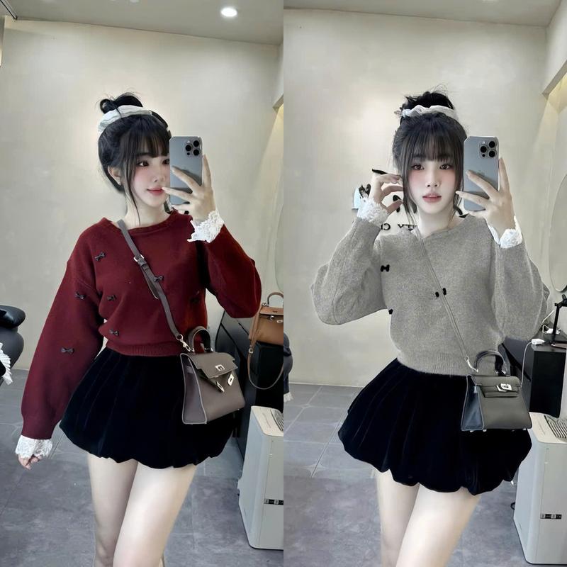 Set đồ nữ áo tăm tay dài cổ tròn phối ren dính nơ mix chân váy nhung dáng bí xếp ly dáng ngắn xinh xắn dành cho các nàng diện đi chơi Women Dress