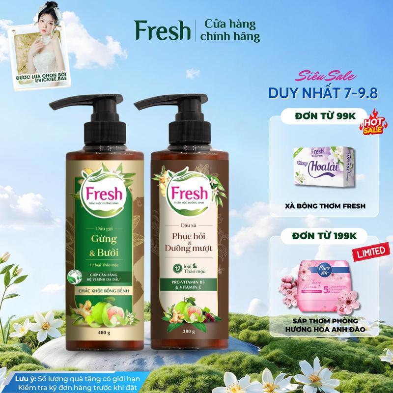 Combo Dầu Gội FRESH Thảo Mộc Dưỡng Sinh Chắc Khỏe Bồng Bềnh 480g Và Dầu Xả Dưỡng Tóc Mềm Mượt 380g