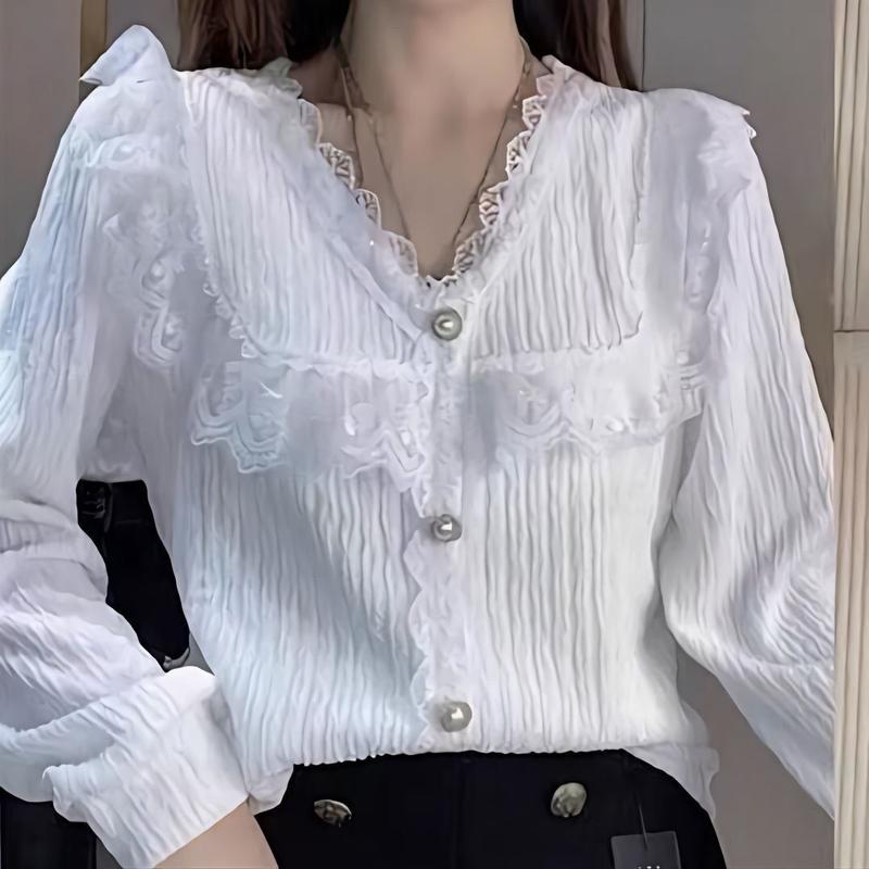 Áo Lớp Nền, Thời Trang, Dáng Rộng Rãi Và Thanh Lịch, Dài Tay, Ren Xếp Nhún, Áo Sơ Mi Phong Cách Phương Tây, Thích Hợp Cho Mùa Xuân Và Mùa Thu, Hàng Mới Về Năm 2024, OOTD 2