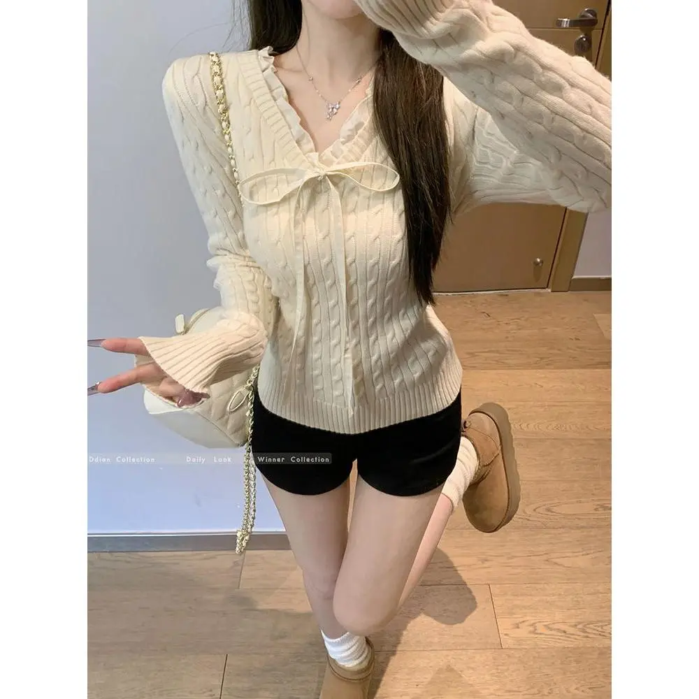 Áo Len Dệt Kim, Nơ Xoắn Kiểu Pháp, Cổ Chữ V, Dành Cho Nữ, Dáng Ôm, Thích Hợp Cho Mùa Xuân, Có Thể Mặc Bên Trong Áo Lót, Áo Dài Tay, Năm 2025 Top
