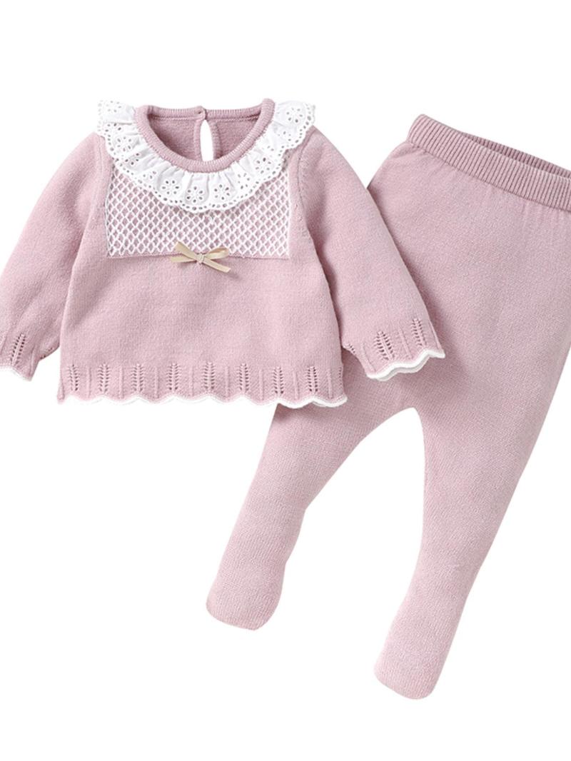Product Introduction of Two-Piece Set Baby Girl's Argyle Print Eyelet Embroidery Ruffle Trim Sweater & Plain Pants, Cute Scallop Trim Bow Keyhole Neckline Top & Knitting Trousers, Infant Newborn Girls Fall & Winter Knitwear 9