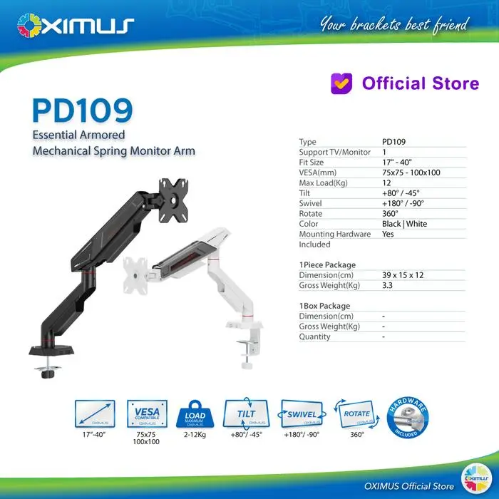 Oximus PD109 Bracket Monitor Arm Mechanical Spring Single 17–40 Inch | Stand Monitor Meja Heavy Duty 12kg | Monitor Mount Clamp Grommet Adjustable Tilt Swivel Rotate | Cocok Gaming, Kerja & Setup Minimalis - PD109, Black