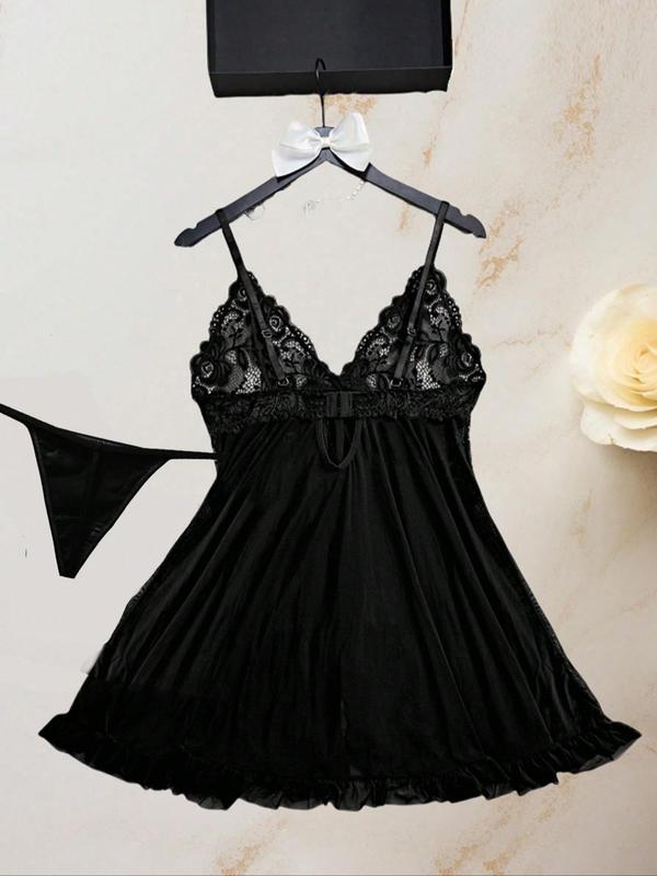 Women's Solid Color Floral Lace Bow Decor Deep V Neck Sheer Mesh Cami Nightdress & Thong, Romantic Comfortable Breathable Adjustable Spaghetti Strap Backless Ruffle Hem Nightdress & Thong Set for Daily Wear, Women Sexy Lingeries & Costumes 4