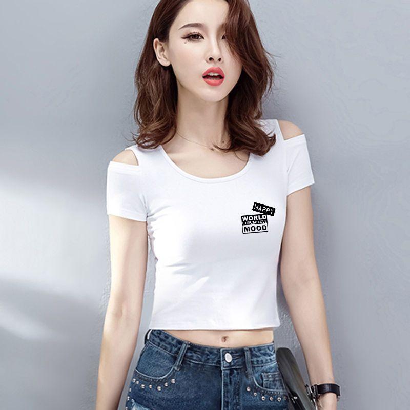 Áo Phông Tay Ngắn, Mỏng Vừa Vặn, Thiết Kế Hoa Cúc Nhỏ Trễ Vai Bộ Sưu Tập Người, Dành Cho Phụ Nữ, Cạp Cao, Dài Đến Rốn, Cổ Tròn, Phong Cách Ngôi Sao, Bộ Sưu Tập Mùa Hè 2025, Áo Trên, [Người Sưu Tập 8147 6