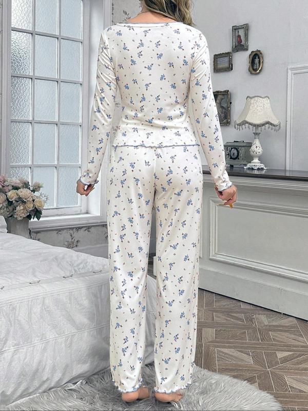 Two-piece Set Women's Ditsy Floral Print Pyjama Set, Comfort Pj Set for Homewear, Casual Comfy Long Sleeve Top & Pants Pajama Set, Women's Sleepwear for All Seasons 7