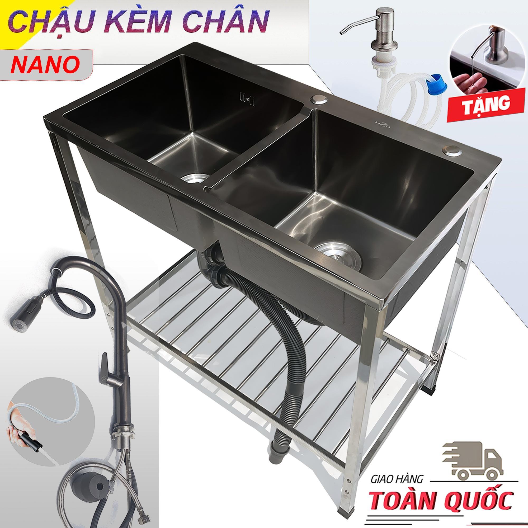 COMBO Chậu Rửa Chén Bát Inox Phủ Nano Có Kệ Chân 2 Hộc 82x45cm Kèm Nhiều Lựa Chọn Vòi - Mua đủ bộ tặng Vòi hút xà bông