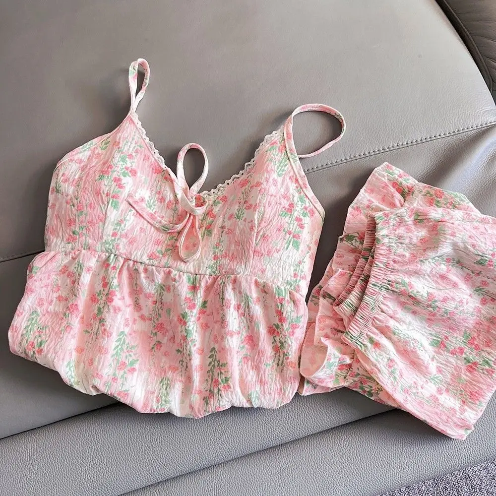 Bộ Đồ Ngủ Có Đệm, Dành Cho Nữ, Hoa Hồng, Với Đệm Ngực, Áo Yếm Và Quần Đùi Bông Đám Mây Mùa Hè, Đồ Mặc Ở Nhà Ren Ngọt Ngào