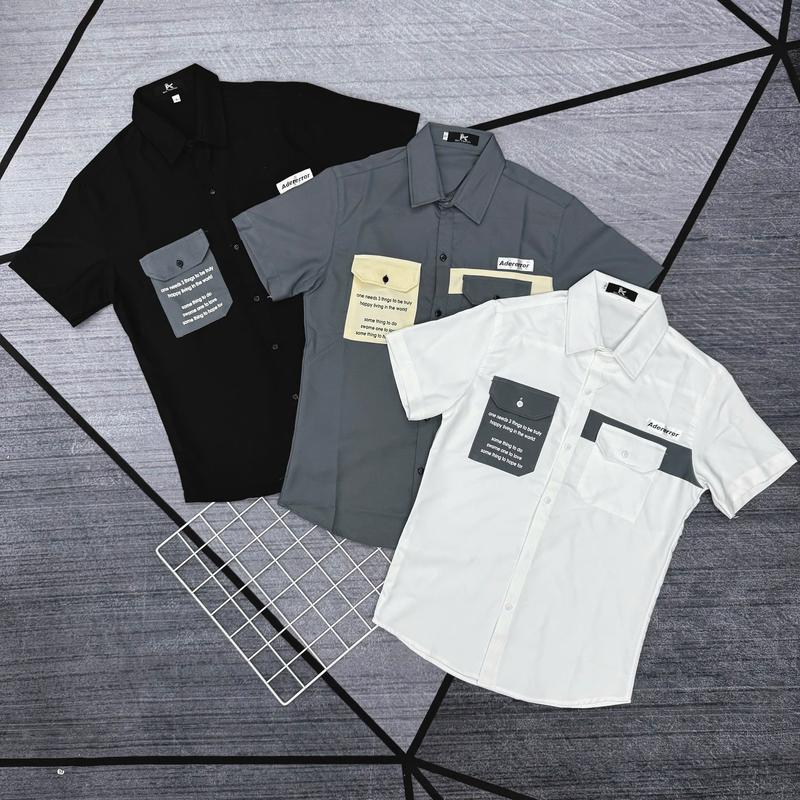 Áo sơ mi tay ngắn in chữ phối túi ba màu xám đen trắng chất lụa mango dày dặn mềm mịn STN17 TSS Menswear Shirt