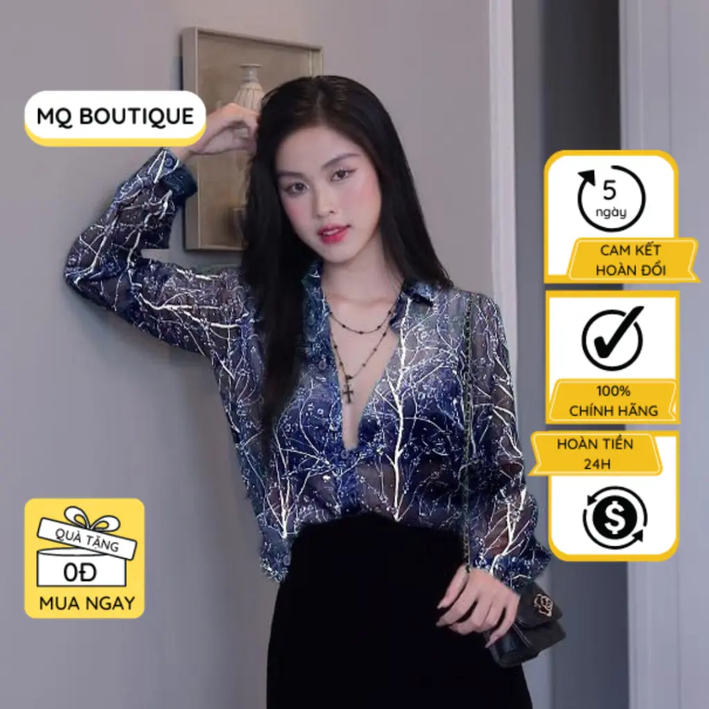 Sơ mi tơ đính đá nữ dài tay MQ Boutique sơ mi nữ họa tiết thân hoa nhỏ nền xanh thiết kế công sở