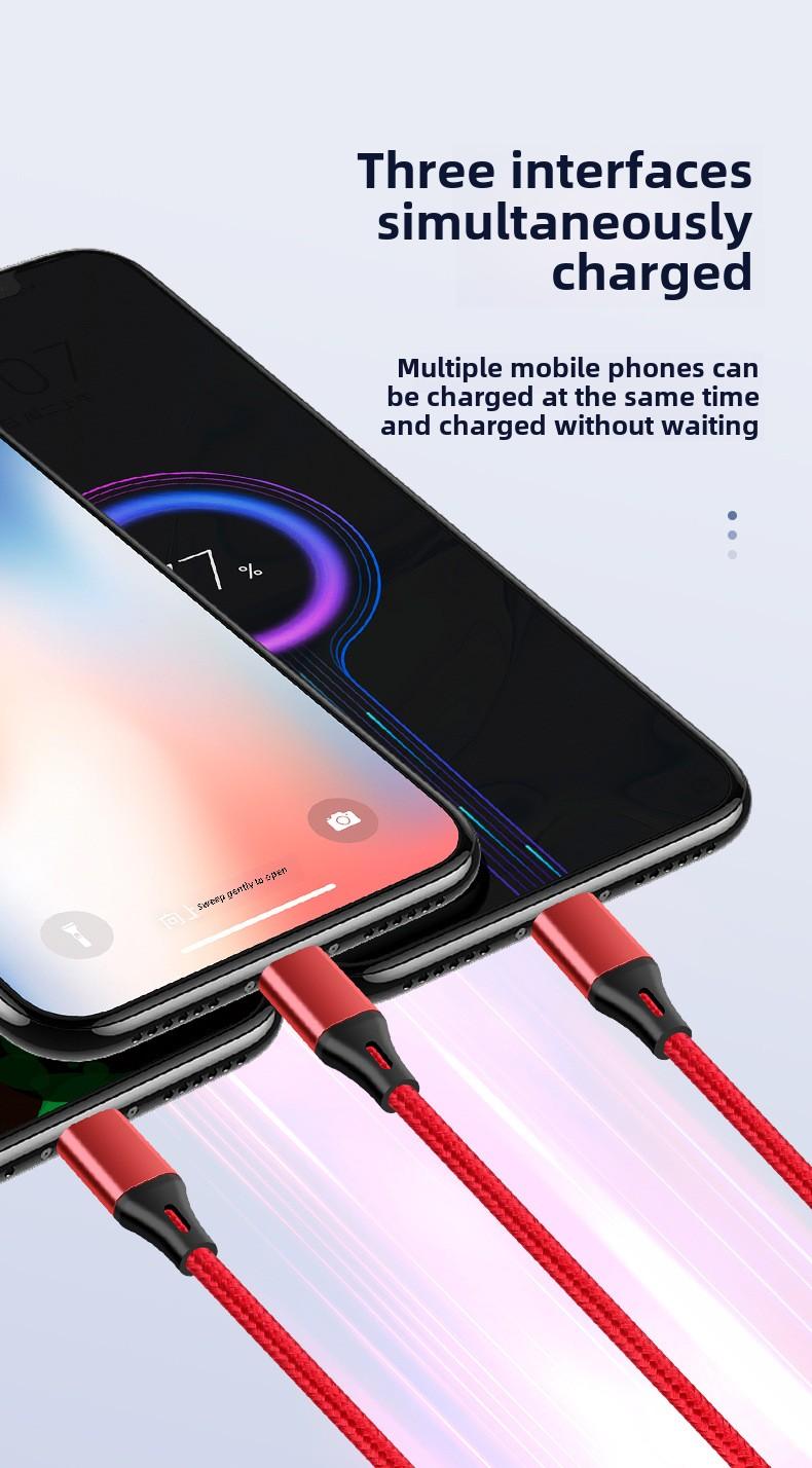 Product Introduction of Kabel Data Pengecasan Pantas Satu hingga Tiga, Stok Tersedia, Serasi dengan Android V8, Huawei Jenis-C, Kabel Pengecasan Apple 3-dalam-1 3