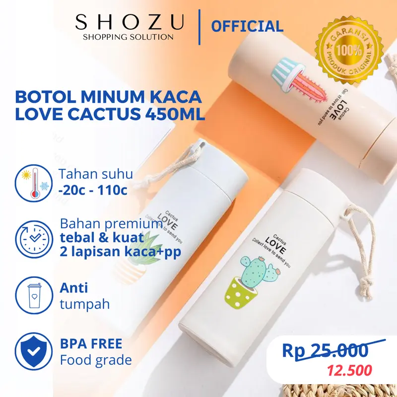 Botol Minum Kaca 450ml Cute Plant Botol Termos TEBAL KUAT TAHAN PANAS DINGIN Botol Minum Anak Sekolah BPA FREE Botol Tumblr+ Handle 0