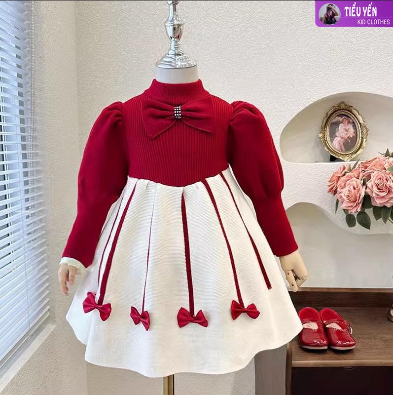 Tiểu Yến KID V360-Váy len đỏ cao cấp bé gái mặc Noel - Tết