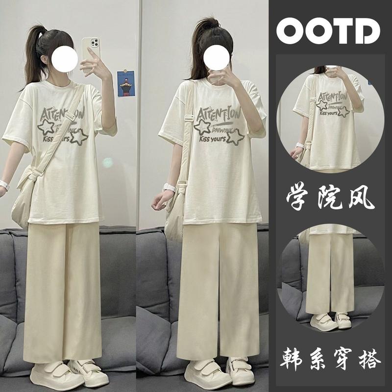 Product Introduction of Áo Phông Phong Cách Đại Học Ngọt Ngào Áo Phông ngắn Tay Áo Màu Mơ, Quần Ống Rộng Mơ, Bộ Hai Mảnh Thời Trang, Dành Cho Nữ, Bộ Sưu Tập Yêu Thích [3244, Ins] 1