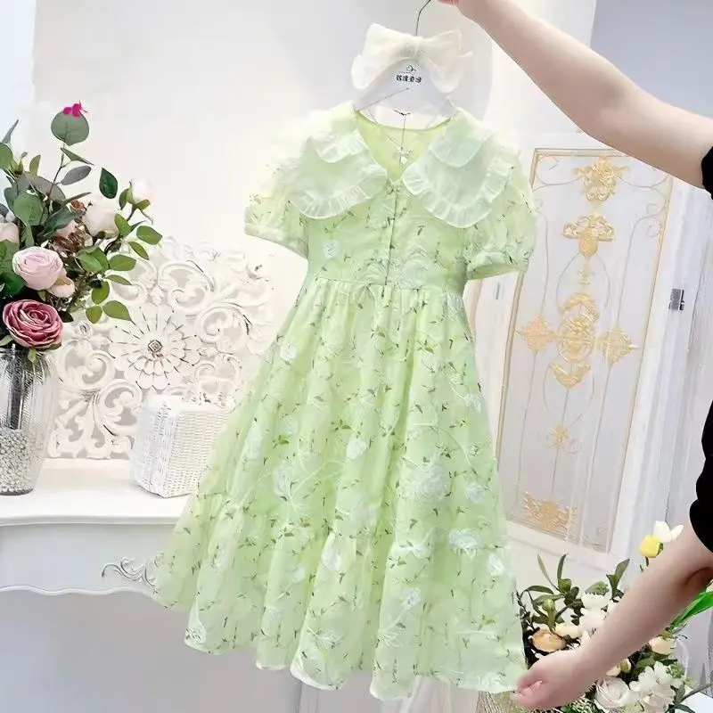 Váy Bé Gái, Phong Cách Phương Tây, Voan ngắn Tay, Thích Hợp Cho Mùa Hè 2024, Trẻ Em Trung Bình Và Lớn, Thiết Kế Hoa, Váy Trẻ Em, Quần Áo Mùa Hè, Hàng Mới Về