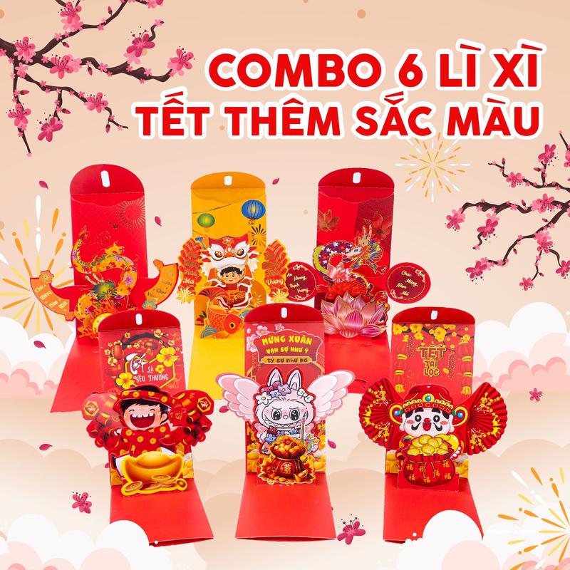 Combo 6 Bao Lì Xì 3D Tết 2025 Tết Ất Tỵ họa tiết nổi, giấy cao cấp, lì xì tết -Tinyworld