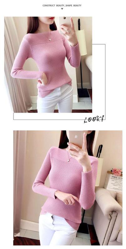 Product Introduction of Spring and Autumn Long Sleeve off Shoulder Top Knitted Bottoming Shirt Women's Underwear Slim Fit Slim Fashionable Sweater Fashionable Outerwear 8