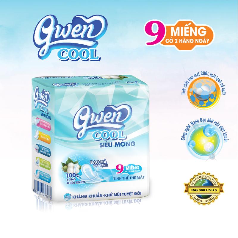 Băng Vệ Sinh Gwen Cool Siêu Mỏng, Siêu Thấm, 1 gói 9 miếng (7 ban ngày 24 cm và 2 hàng ngày 16 cm) Bạc Hà Mát Lạnh, Trà Xanh khử Mùi Tampon