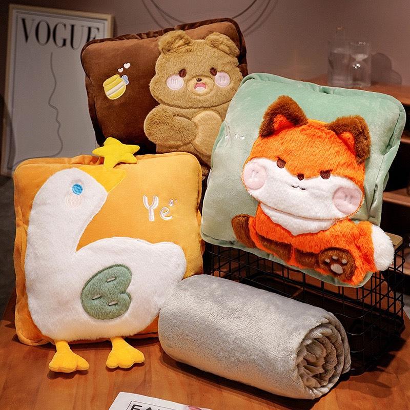  Bộ chăn gối văn phòng 3 in 1 Thú hình vuông sản phẩm kèm chăn lông xám mềm mại người lớn sử dụng văn phòng. 