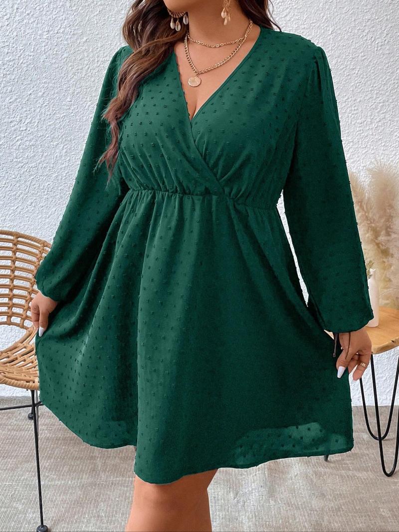 Product Introduction of 【Plus Size】 Plain Swiss Dot Wrap V Neck Bishop Sleeve A Line Dress, Plus Elegant Long Sleeve Short Dress for Spring & Fall, Women's Clothes for Daily Wear, Holiday Dresses 14