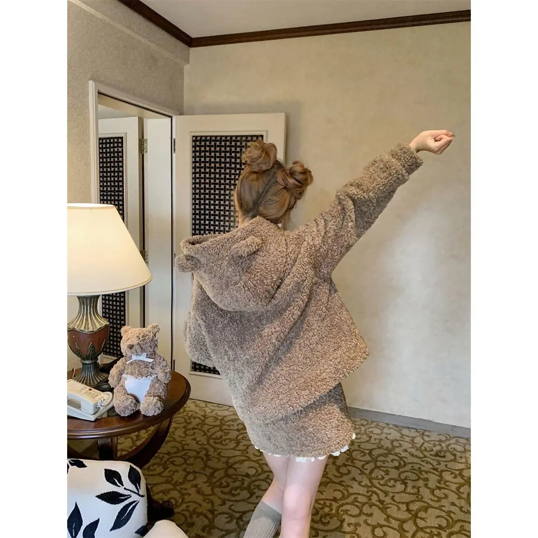 Bộ Đồ Cô Gái Mềm Sữa Phong Cách Mới Mùa Đông, Áo Khoác Hoodie Nhồi Bông Hình Gấu, Váy Ren Bó Sát Dành Cho Nữ