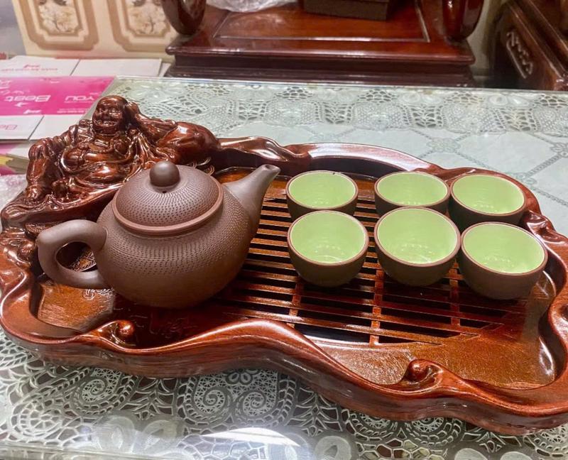 Bộ ấm chén và khay trà đẹp ấm chén màu nâu tử sa cổ cao gốm sứ Bát Tràng bền đẹp sang trọng