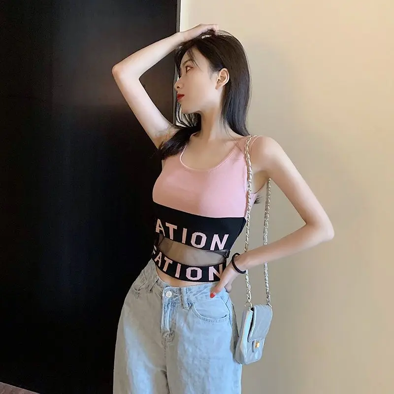 Áo Yếm Dệt Kim, Cropped Xén, Có Khâu Lưới Và Chữ Cái, Dễ Phối Đồ Ngắn, Dành Cho Nữ, Có Thể Mặc Ngoài Trời, Bó Sát, Áo Không Tay Tập Thể Dục, Thích Hợp Cho Mùa Hè Top Women Màu Đen áo  2  dây  hello  kitty  ôm 3