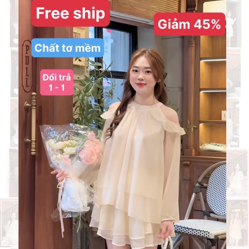 Set tơ bèo hở vai lissadress, set áo quần tiểu thư tay dài Nữ Top Women váy  tiệc