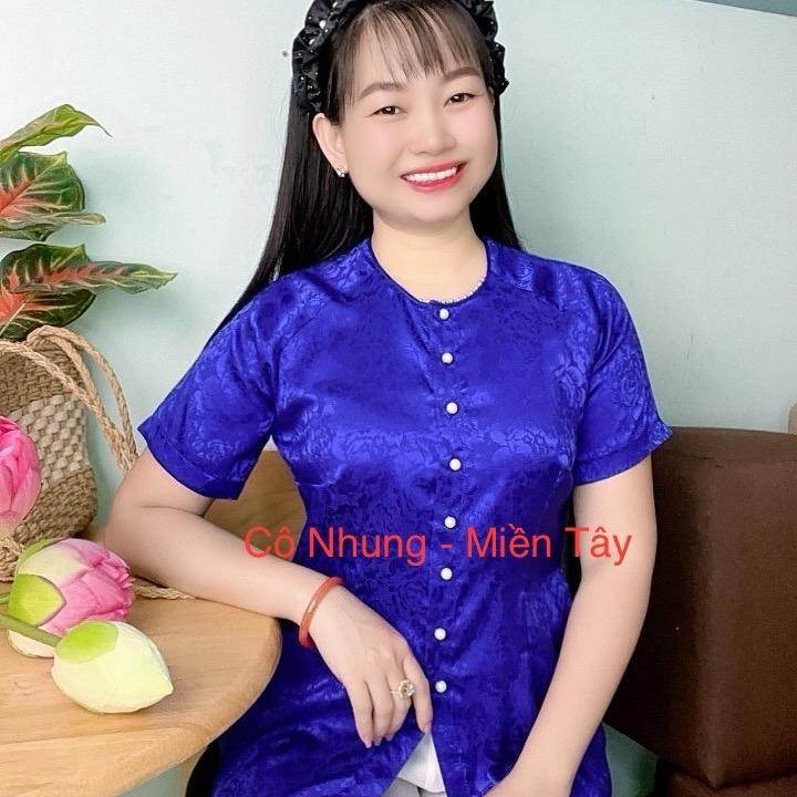 Áo lẻ [ ko bán quần] Bà ba Gấm tay ngắn nút ngọc ( 8 nút) vải mềm mịn hoạ tiết hoa Mẫu Đơn Nữ Top 8