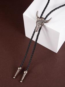 Cordón de Bolo con detalle de calavera y toro vintage occidental para hombre, estilo vaquero con cuello de cuero trenzado de PU, accesorios de bisutería
