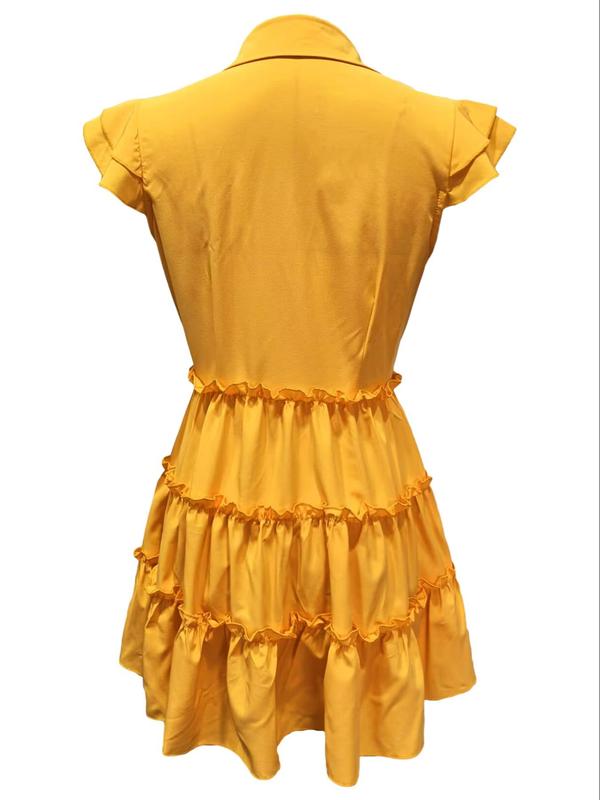 Yellow V Neck Button Layered Hem Smock Dress Yellow V Neck Button Layered Hem Smock Dress