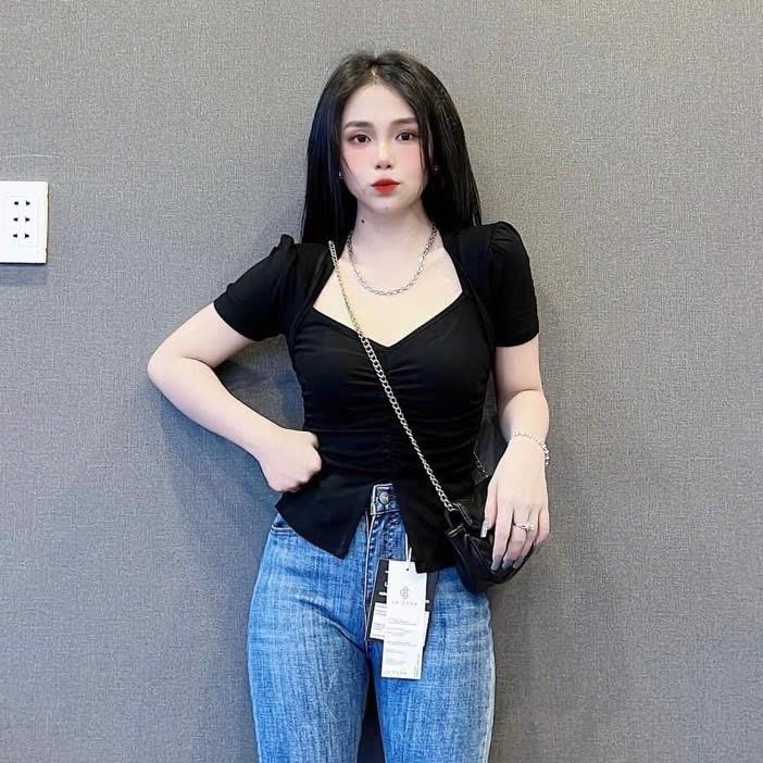 B1- dưới 58kg Áo thun tay ngắn borip nhún eo và cổ from baby tee Women 4