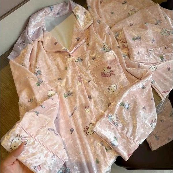 Đồ Ngủ Canary, Phong Cách Cô Gái Ngọt Ngào Màu Hồng Ngọt Ngào Mới Cho Mùa Thu / Đông, Đồ Mặc Nhà, Có Thể Mặc Ngoài Trời, Đồ Ngủ Nữ Nhung Voi Áo đồ bộ pijama nữ pijama nữ đồ ngủ nữ Kaki Nho