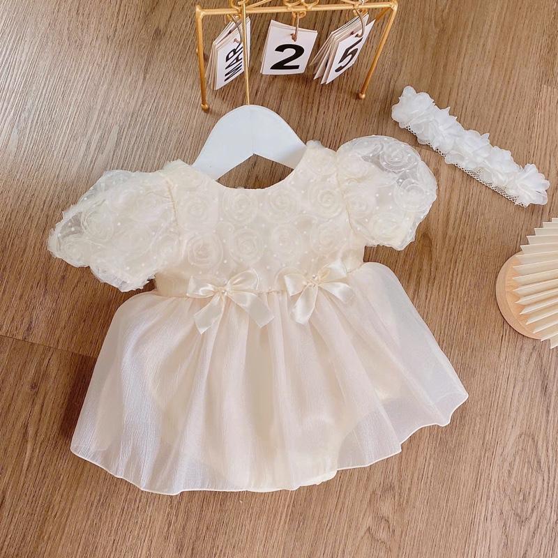 Bodysuit Cho Bé Chất Lưới Hoa Nổi Phối Tơ Xốp Màu Kem Kèm Turban Nơ Xinh Xắn, Body Cho Bé 3-11kg