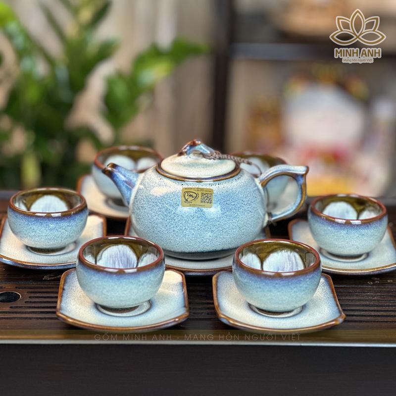  Bộ ấm chén Bát Tràng nghệ nhân ưu tú Tô Thanh Sơn dáng quả Hồng men Hỏa biến màu Xanh Hồng Phấn 