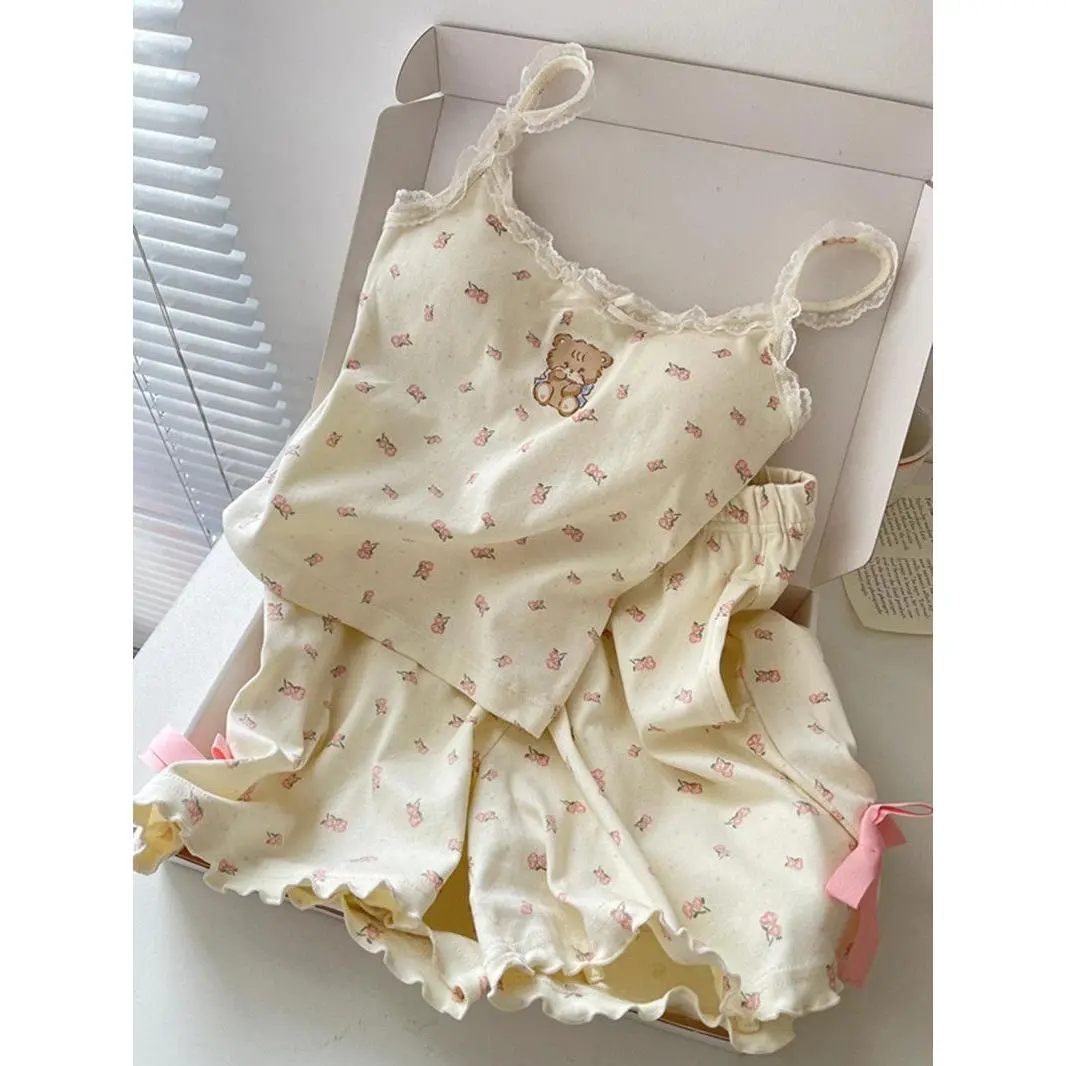 Bộ Đồ Ngủ Nữ, Thiết Kế Gấu Hoạt Hình Dễ Thương Và Ngọt Ngào, Bộ Đồ Mặc Ở Nhà Cho Học Sinh Nữ, Ren Có Dây Đeo, Hàng Mới Về Mùa Hè 2025