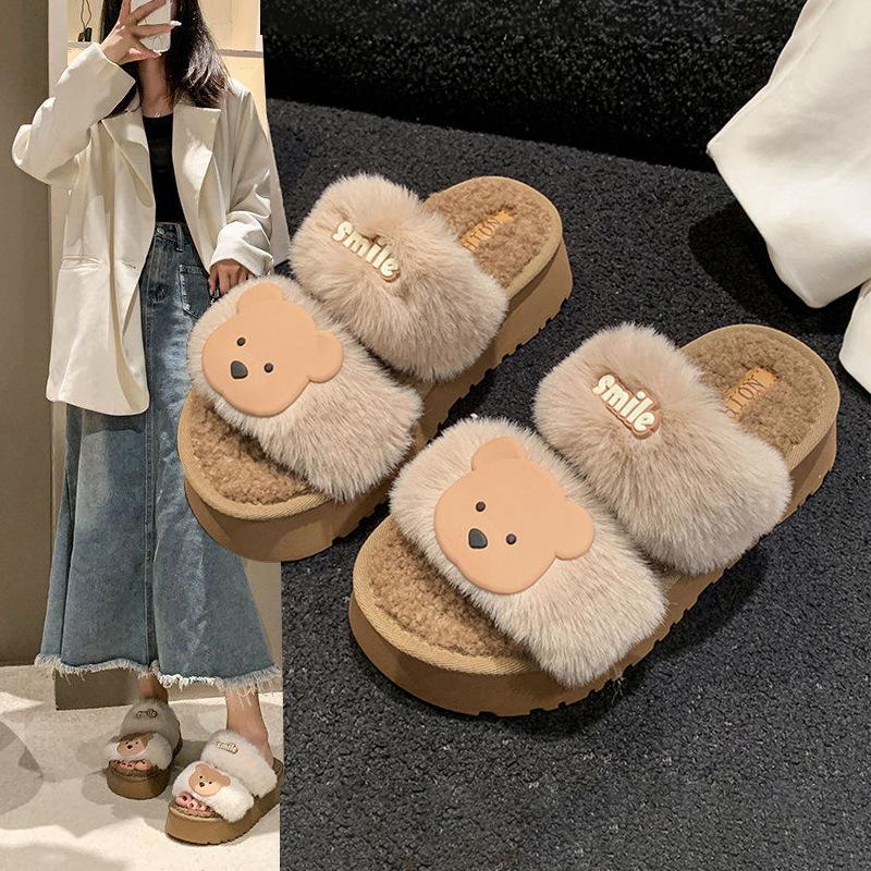 Dép Lông 2 Quai SMILE Đế Cao Dễ Thương Thời Trang Mùa Thu Đông Gắn Gấu Mền Mịn Nhẹ Phối Đồ Cực Xinh [Mã 52]