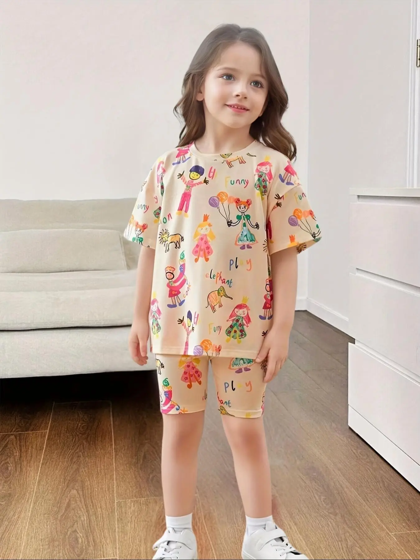 Two-Piece Set Girl's Cartoon Figure Print Tee & Skinny Shorts Set, Casual Round Neck Half Sleeve T-Shirt & Shorts for Summer, Kids Clothes for Daily Wear