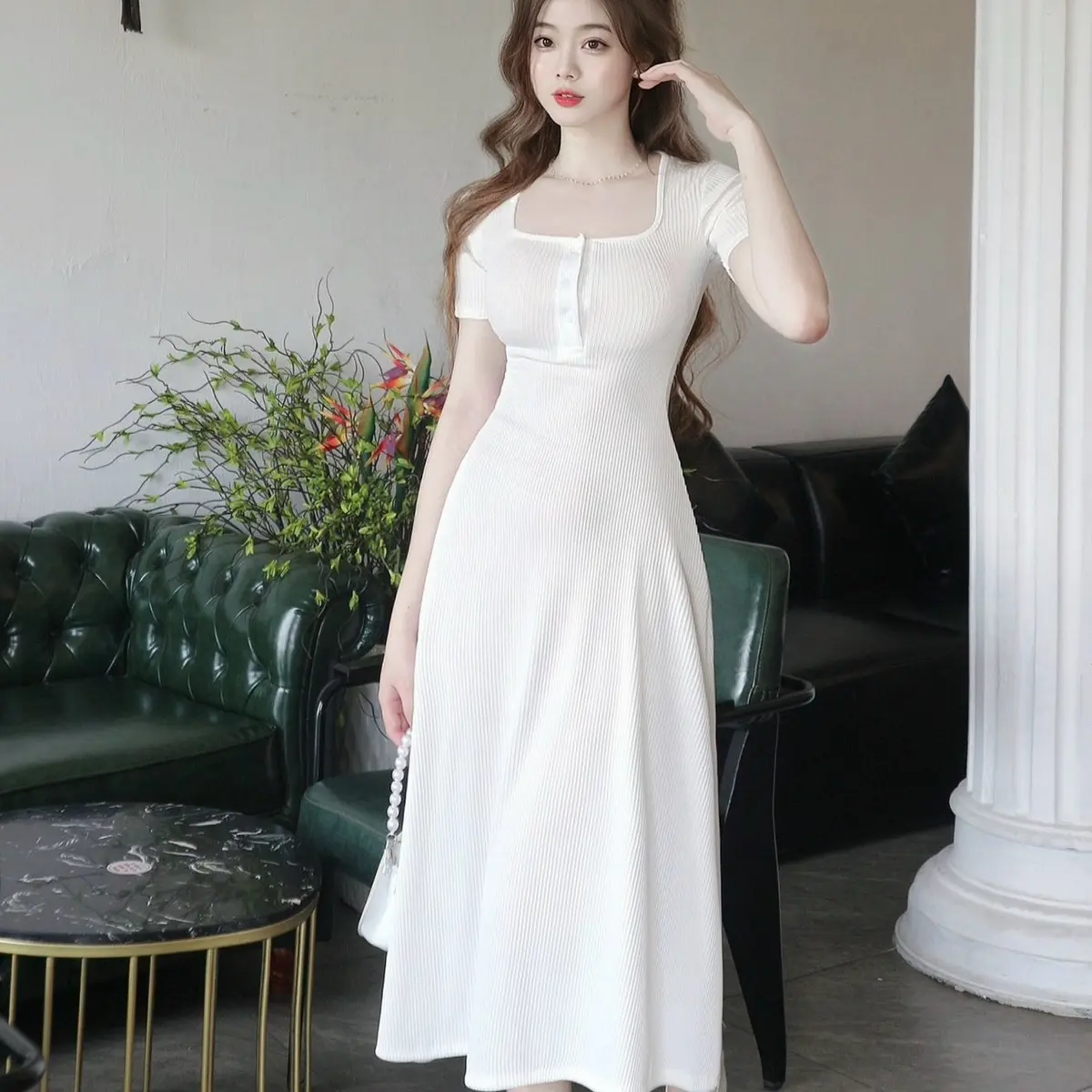 Đầm Cổ Vuông Nữ Có Nút Xoè Chữ A MS01 Chất Len Tăm Co Giãn Phù Hợp Đi Tiệc Đi Chơi