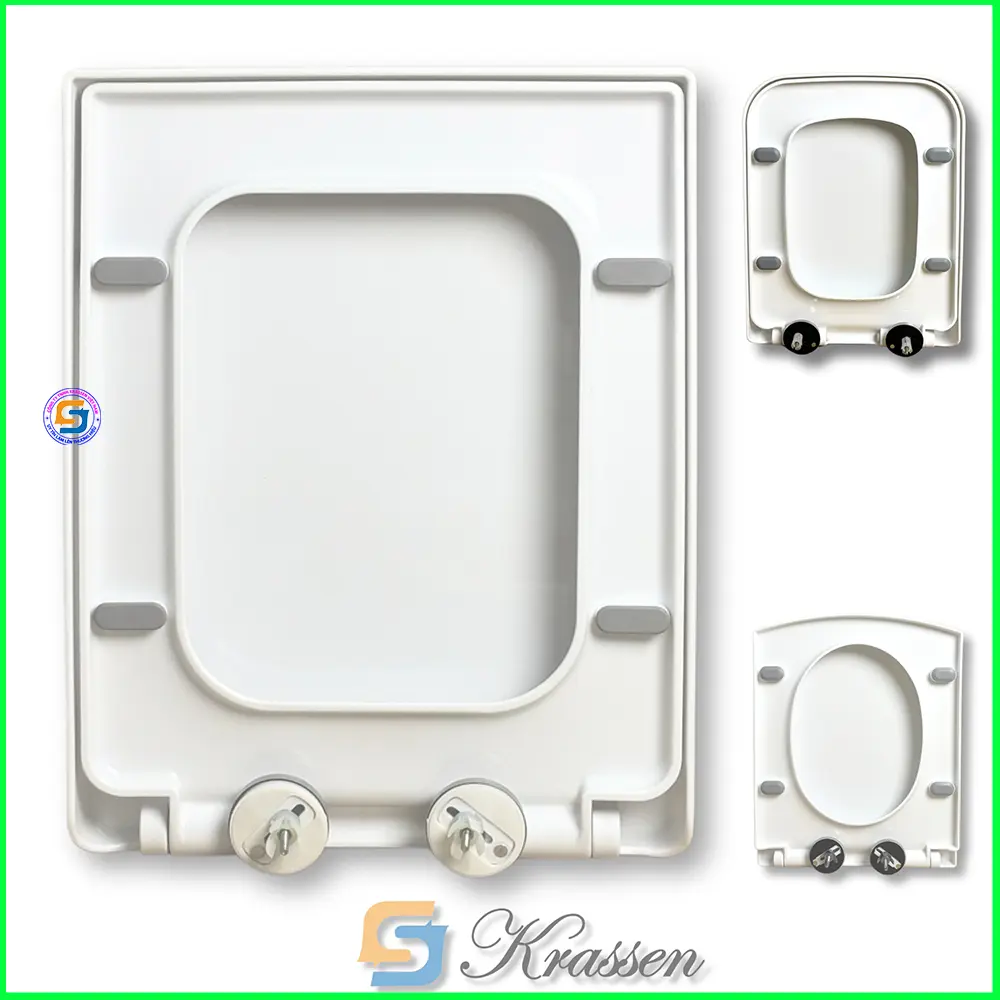 KS.06 Nắp bồn cầu rơi êm hình Chữ Nhật, Vuông màu trắng sữa phủ bóng cao cấp, chất liệu nhựa PP nguyên sinh. Thay cho các loại bồn cầu Rộng 34-36cm, Dài 44-48cm như: Ceravi C304, C315, Viglacera V42, V43, ...