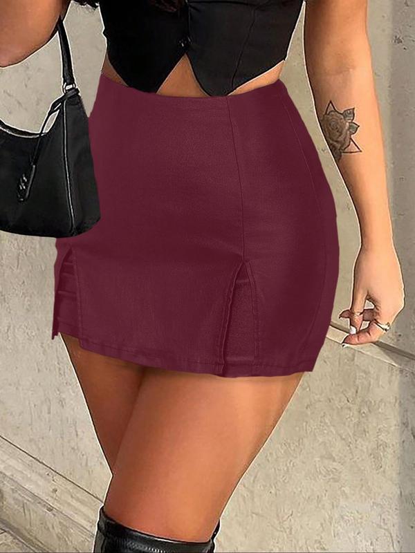 Women's Summer Split Hem High Waist Skinny PU Shorts, Stretchy Zip Back Faux Leather Skort for Holiday Club Daily Wear, Shorts for Women, Lady Bottoms for All Seasons, Women's Summer Clothes 5