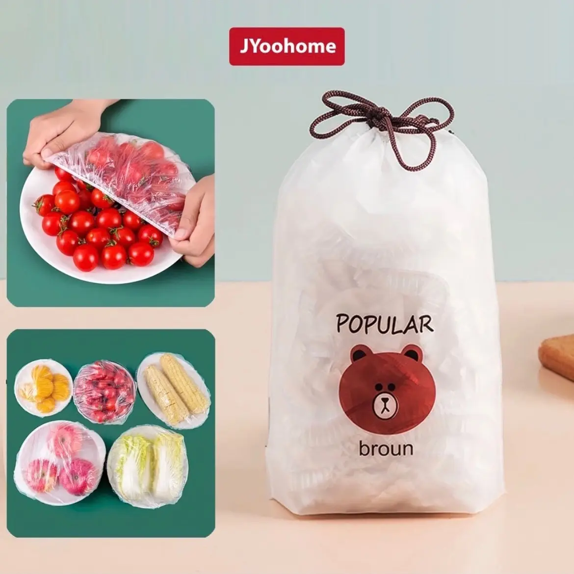 100 Túi Màng Bọc Thực Phẩm Gấu Bo Chun Co Dãn Phù Hợp Nhiều Kích Thước Nilon PE Đảm Bảo An Toàn