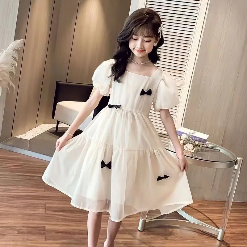 Váy Voan, Cho Bé Gái, Hàng Mới Về Mùa Hè, Trẻ Em Trung Bình Và Lớn, Tay Phồng Ngọt Ngào, Có Nơ, Váy Công Chúa, 2024