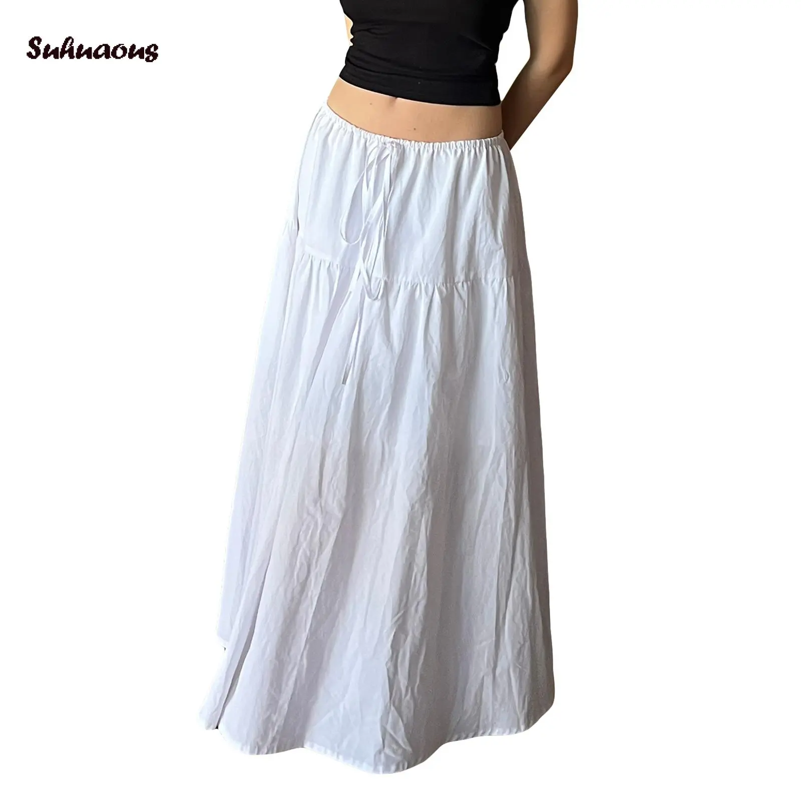 Women Loose A-Line Skirt Solid Color Casual Summer Elastic Drawstring Skirt for Beaches Club Streetwear