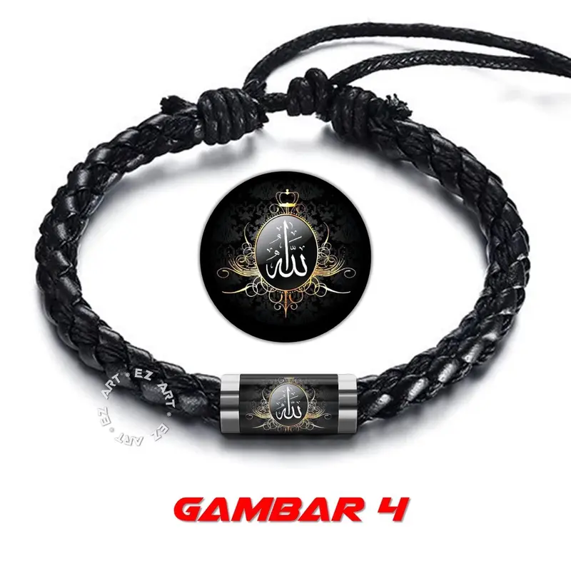 GELANG SIMPLE LAFADZ TAUHID ALLAH MUHAMMAD ISLAM MUSLIM TALI KULIT KEPANG GAMBAR KACA EPOXY TABUNG STAINLESS STEEL 5