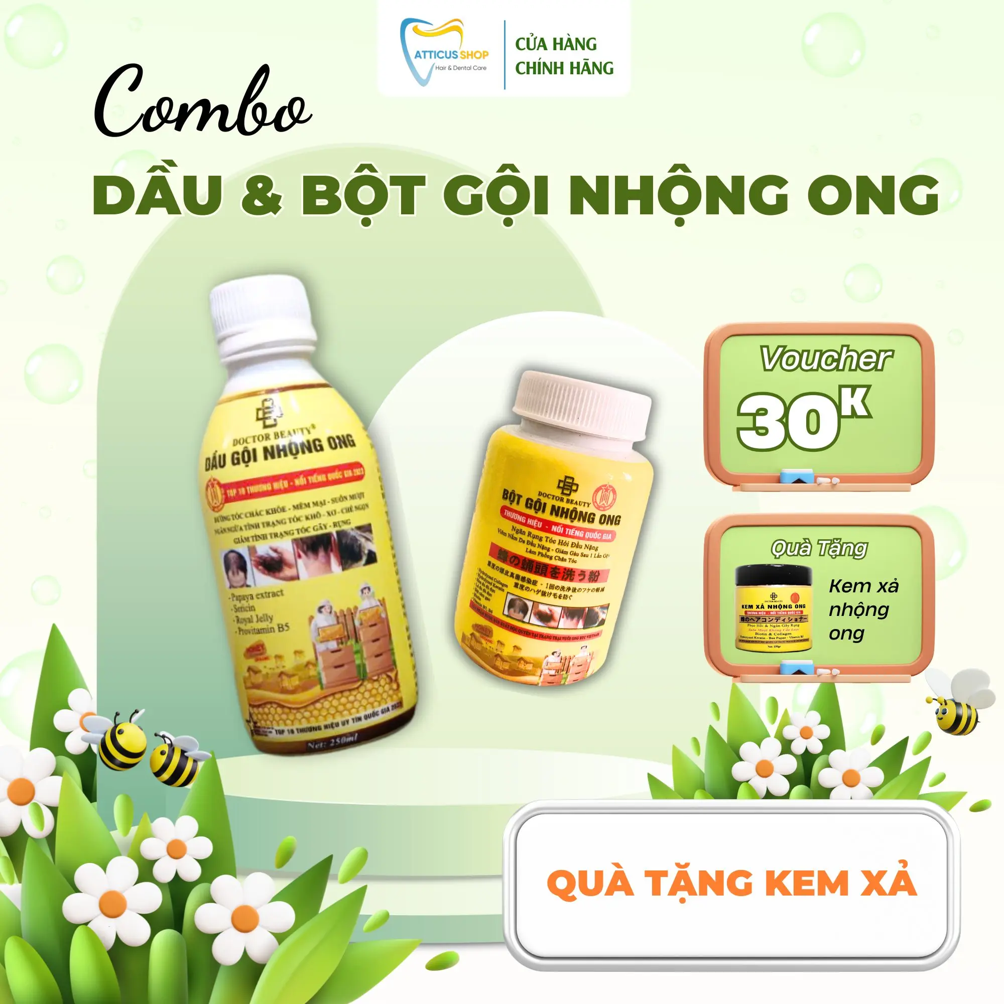 Combo Dầu Gội và Bột Gội Nhộng Ong Doctor Beauty tặng kem xả nhộng ong - Chăm Sóc Tóc, Mang Lại Mái Tóc Bồng Bềnh Óng Mượt, Dưỡng Tóc