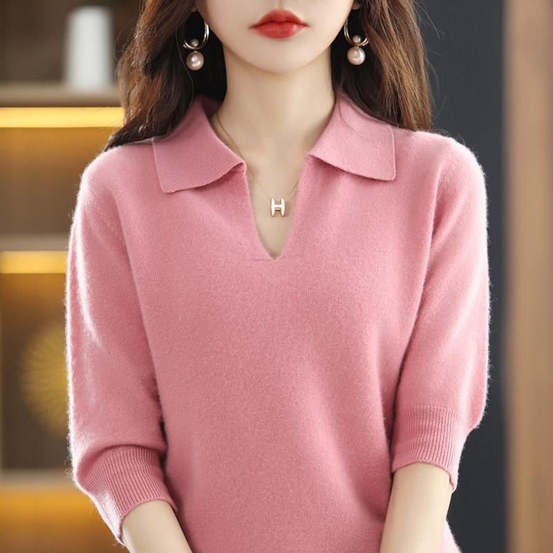 Áo Phông Nửa Tay Áo, Cổ Polo, Đồ Len, Dành Cho Phụ Nữ, Hàng Mới Về Mùa Xuân, Mũ Trùm Đầu Dáng Rộng Rãi, Áo Len Dễ Phối Đồ Ngắn, Áo Sơ Mi Lớp Cơ Sở, Áo Nữ 6