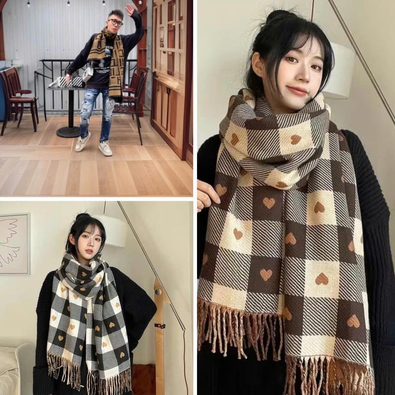Khăn Quàng cổ Khăn Choàng Unisex Nam Nữ Kẻ Sọc Trái Tim Ấm Áp Mùa Đông Khăn Cashmere Len 2 mặt Sang Chảnh Ấm Áp Cotton Choàng Cổ Choàng Cổ