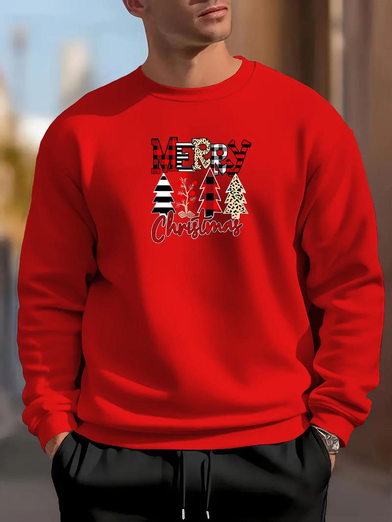 Product Introduction of Men's Christmas Tree & Letter Print Thermal Lined Sweatshirt, Regular Fit Casual Soft Comfy Long Sleeve Round Neck Pullover for Fall & Winter, Men's Clothes for Daily Wear 5