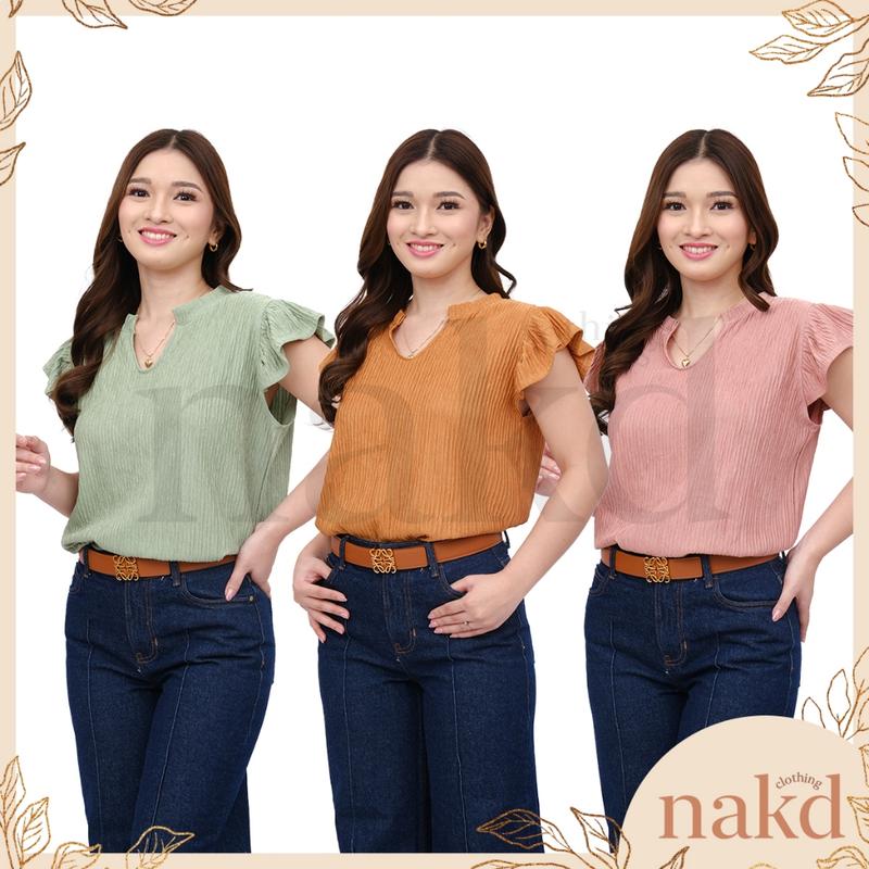 NAKD FASHION VIOLA BASIC BARK CREPE COLLAR V NECK RUFFLE SLEEVE ...