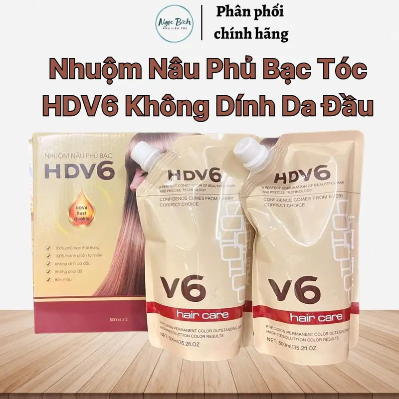 Nhuộm Nâu Phủ Bạc Tóc HDV6 Không Dính Da Đầu Lên Màu Sáng Lv5-6 , 500ml x 2 0